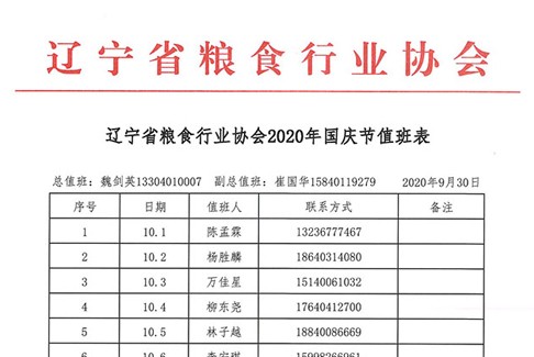 辽宁省粮食行业协会2020年国庆节值班表